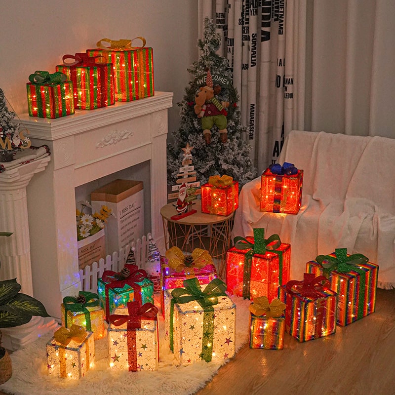 Beleuchtete Geschenkboxen als Außendekoration, 3er-Set mit LED-Lichtern für Weihnachten