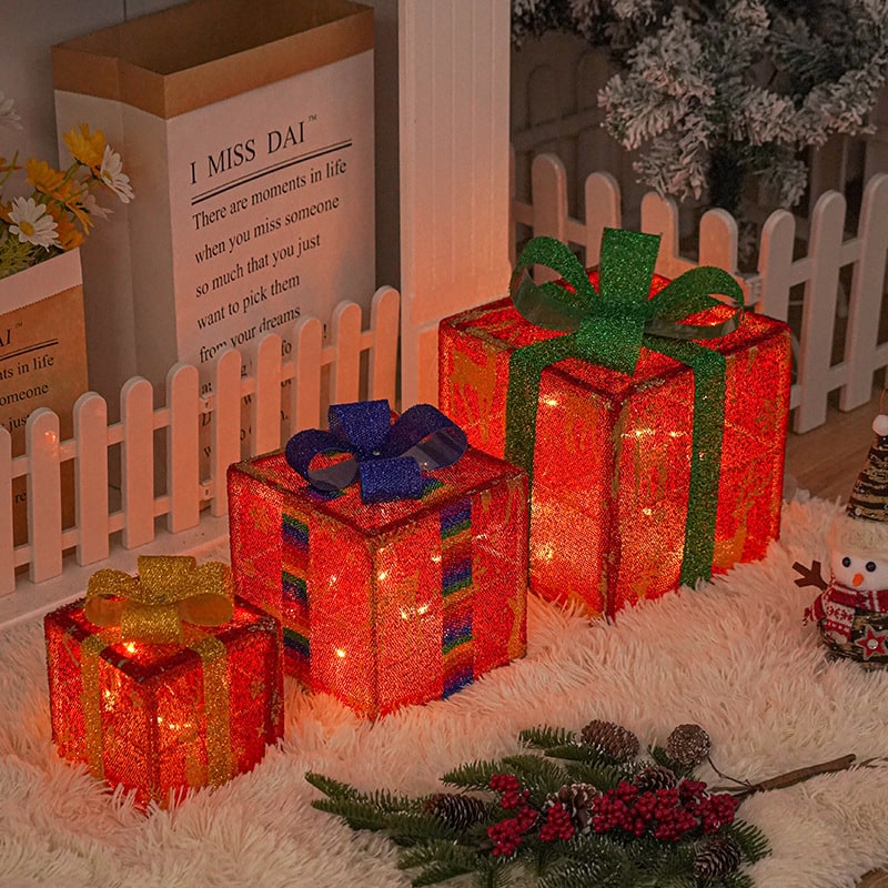 Beleuchtete Geschenkboxen als Außendekoration, 3er-Set mit LED-Lichtern für Weihnachten