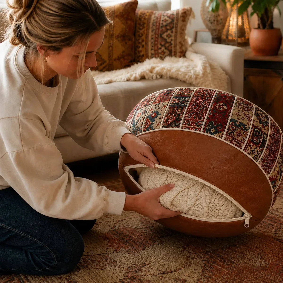 Bohemian-Pouf mit verstecktem Staufach
