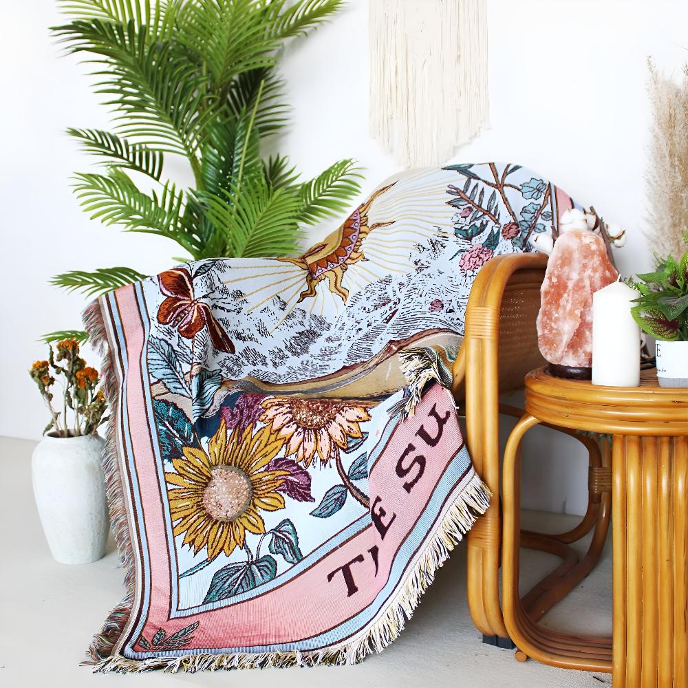 Boho-Wandteppich-Decke mit Sonnenmotiv