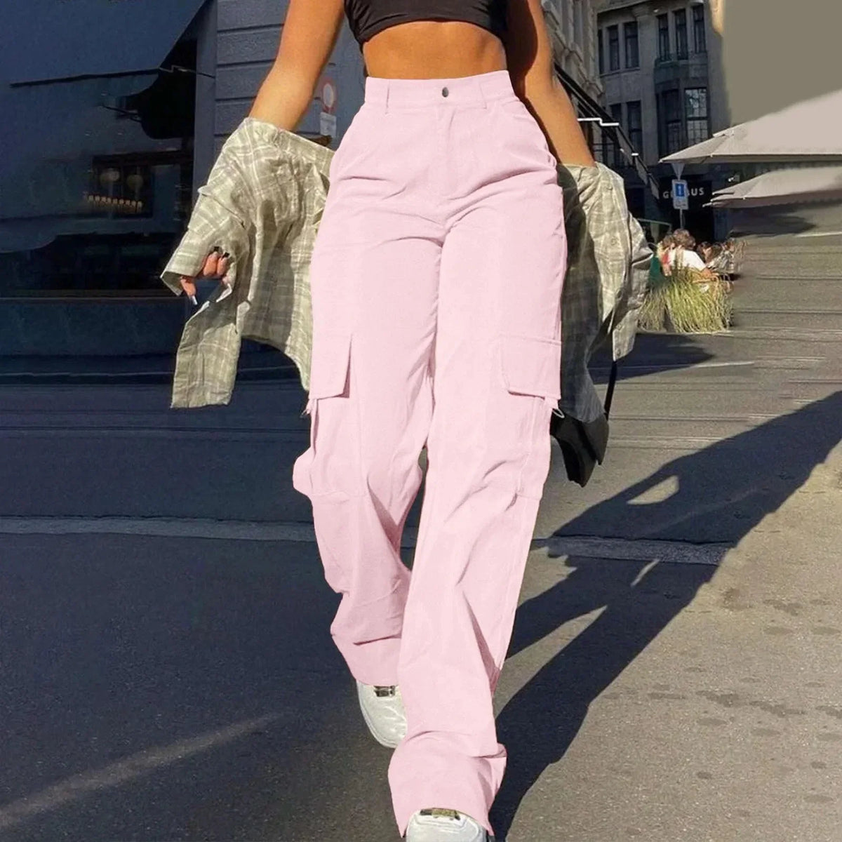 Cargohose mit hoher Taille und lockerer Passform für Damen – Weiche Webstruktur