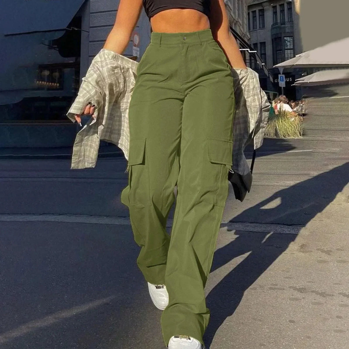 Cargohose mit hoher Taille und lockerer Passform für Damen – Weiche Webstruktur