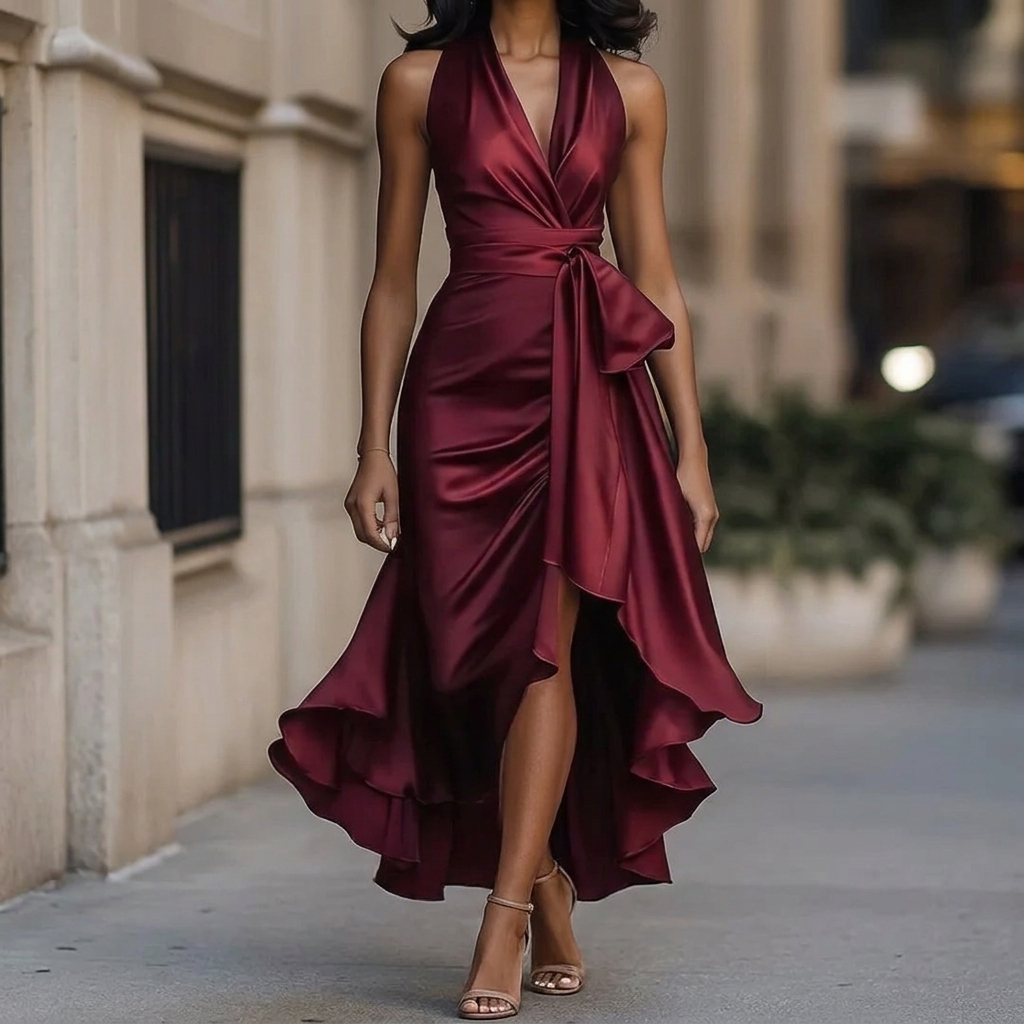 Damen-Abendkleid mit tiefem V-Ausschnitt und Rüschen