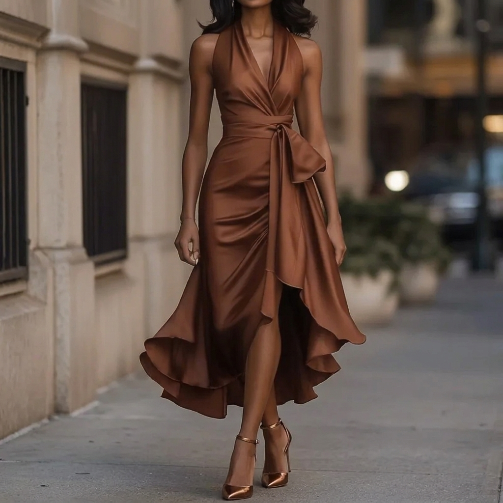 Damen-Abendkleid mit tiefem V-Ausschnitt und Rüschen