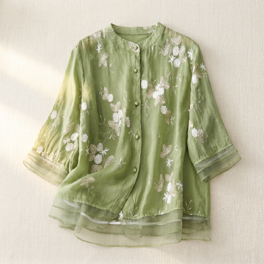 Damen-Baumwollbluse mit Blumenstickerei | Leichtes Sommer-Oberteil mit lockerer Passform
