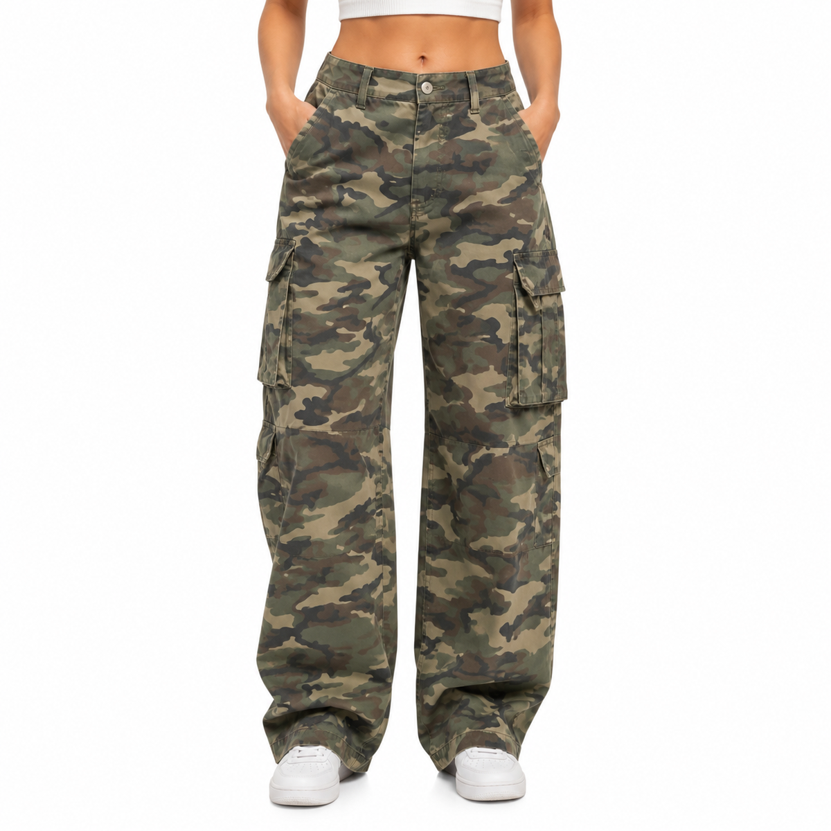 Damen-Cargojeans mit Camouflage-Muster, Stretchbund und Regular Fit – lässige Cargohose für den Alltag