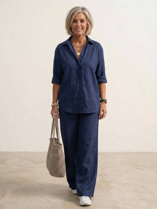 Damen-Co-Ord-Set mit Oversized-Hemd und weit geschnittener Hose – lässiges zweiteiliges Set aus Baumwollgemisch