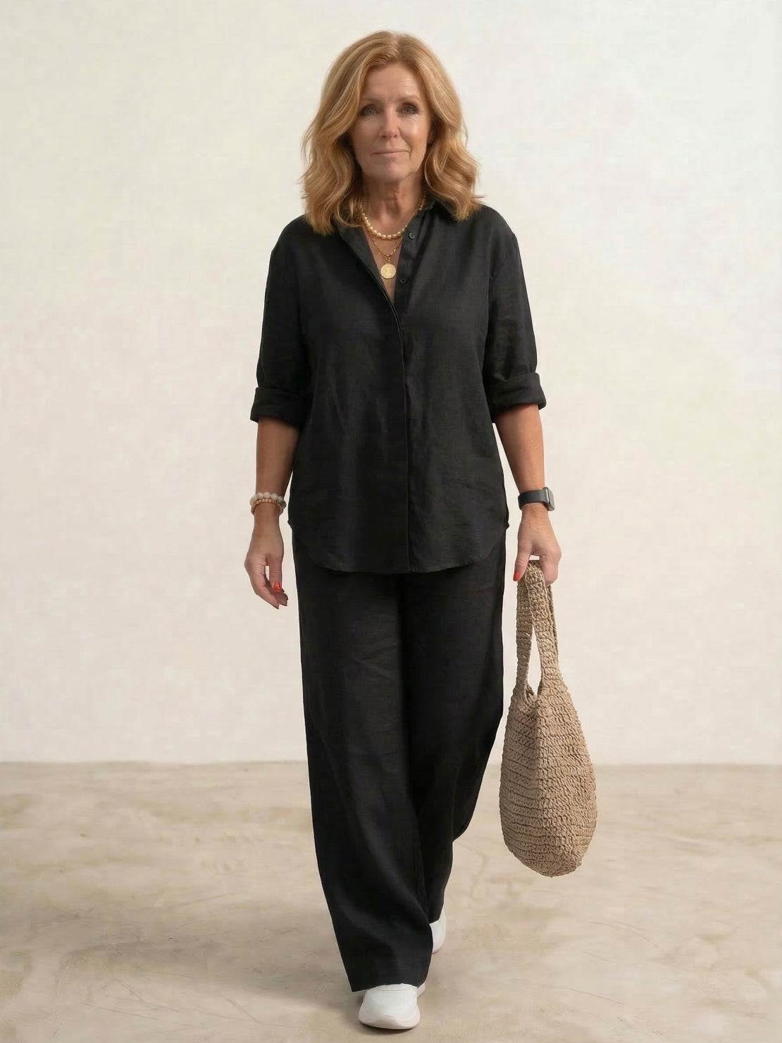 Damen-Co-Ord-Set mit Oversized-Hemd und weit geschnittener Hose – lässiges zweiteiliges Set aus Baumwollgemisch