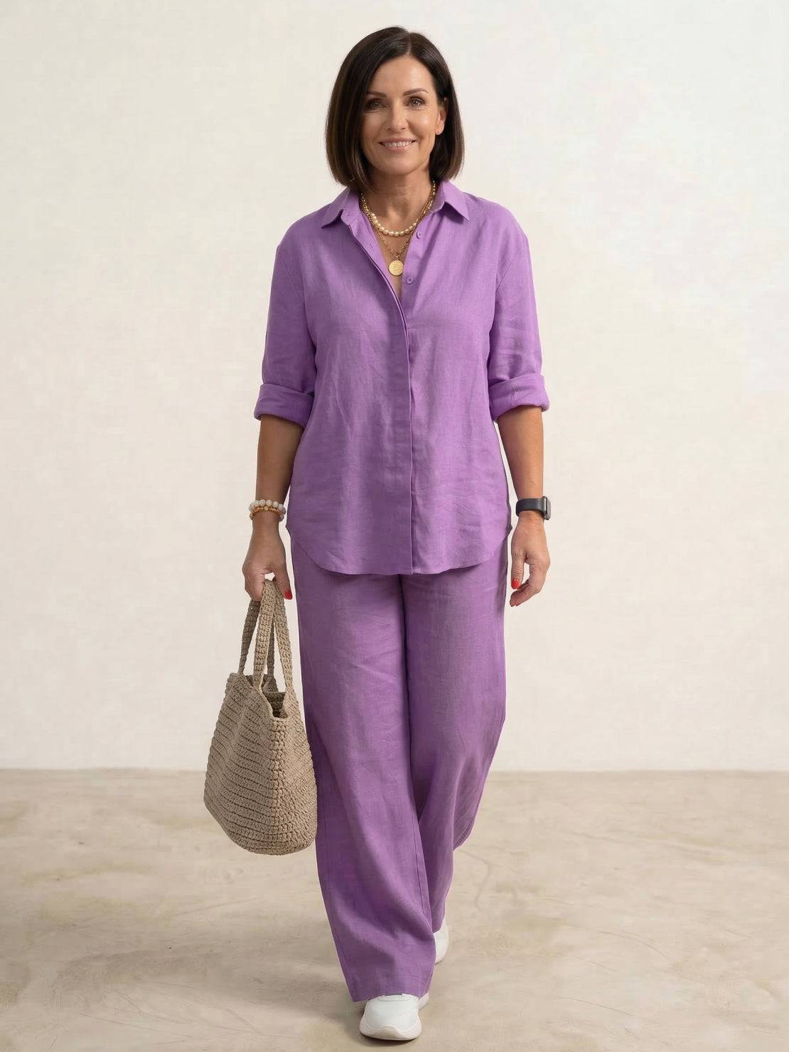 Damen-Co-Ord-Set mit Oversized-Hemd und weit geschnittener Hose – lässiges zweiteiliges Set aus Baumwollgemisch