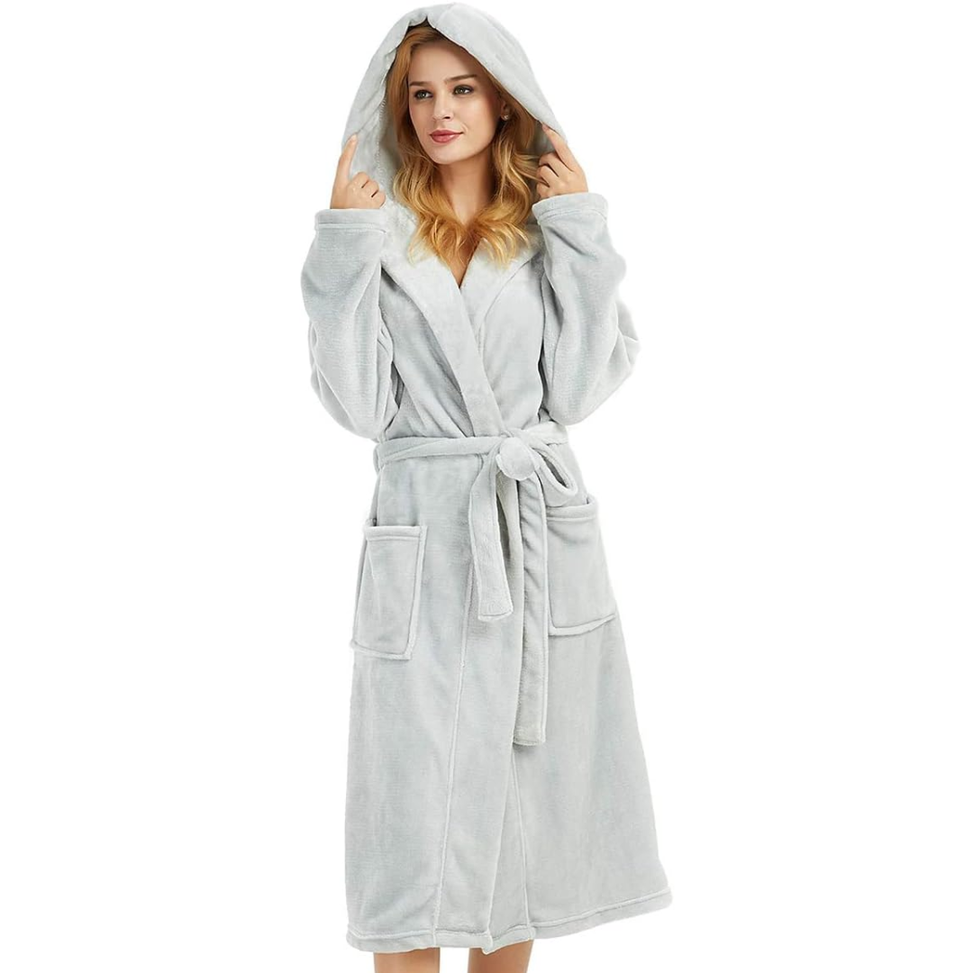 Damen-Fleece-Bademantel mit Kapuze