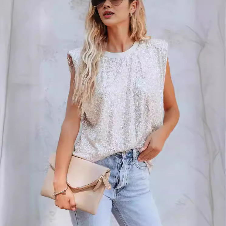 Damen-Glitzerbluse mit Rundhalsausschnitt