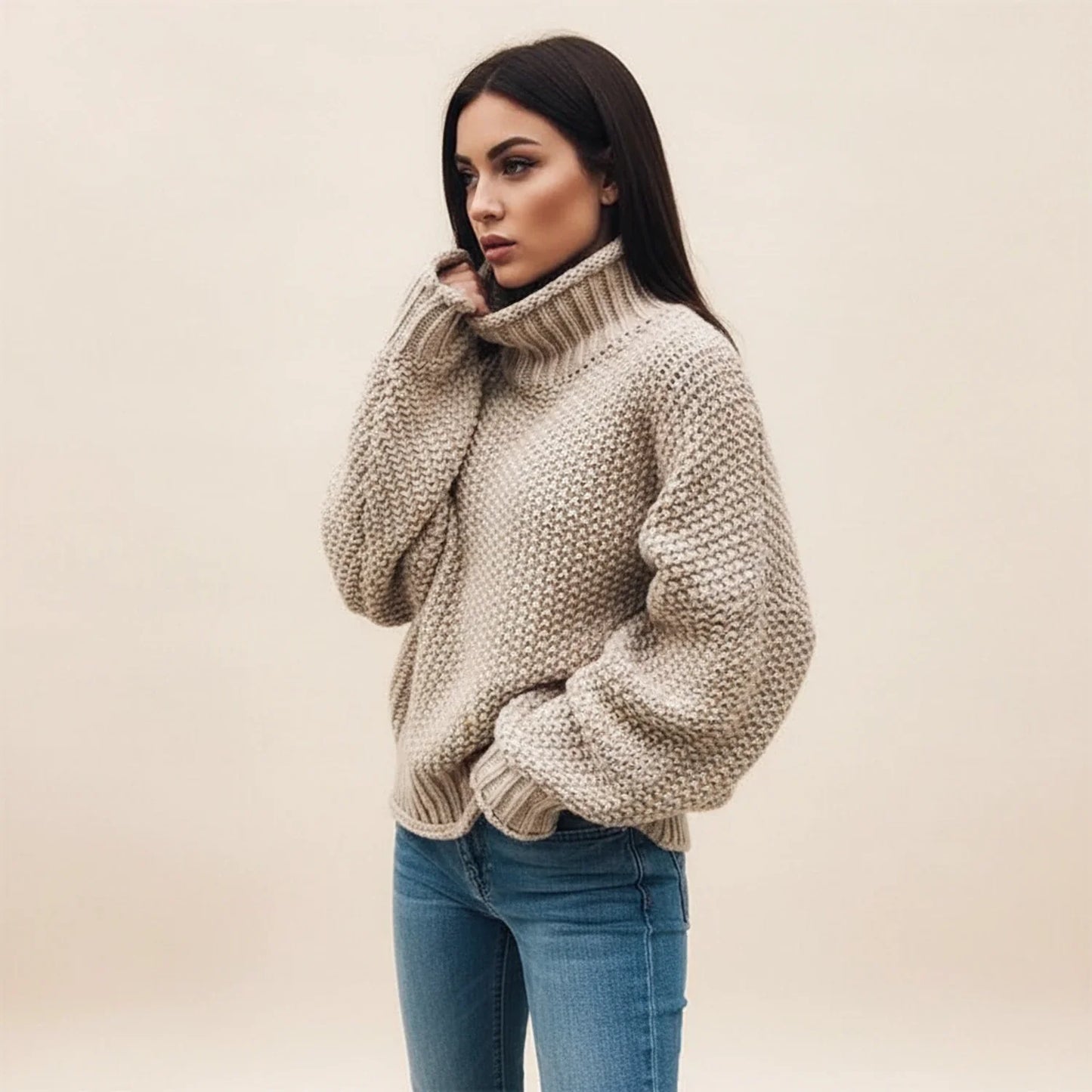 Damen-Grobstrickpullover mit Rollkragen