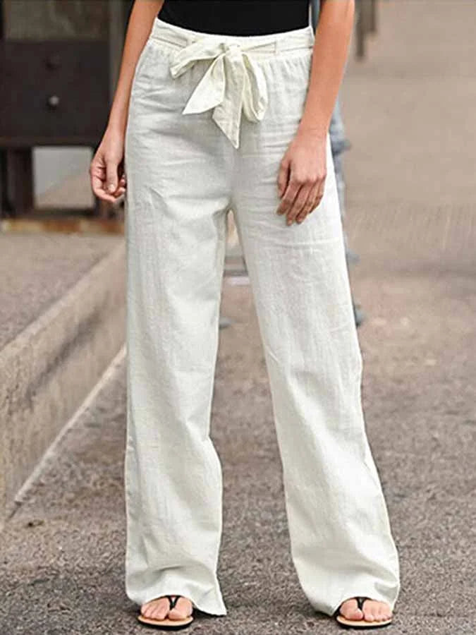 Damen-Hose mit hohem Bund, Bindeband an der Taille und weitem Bein