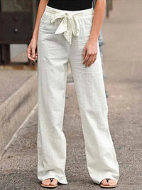 Damen-Hose mit hohem Bund, Bindeband an der Taille und weitem Bein