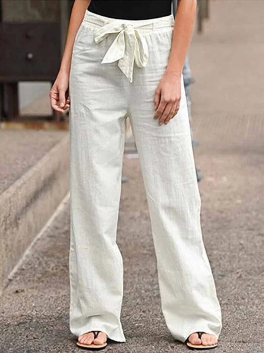 Damen-Hose mit hohem Bund, Bindeband an der Taille und weitem Bein
