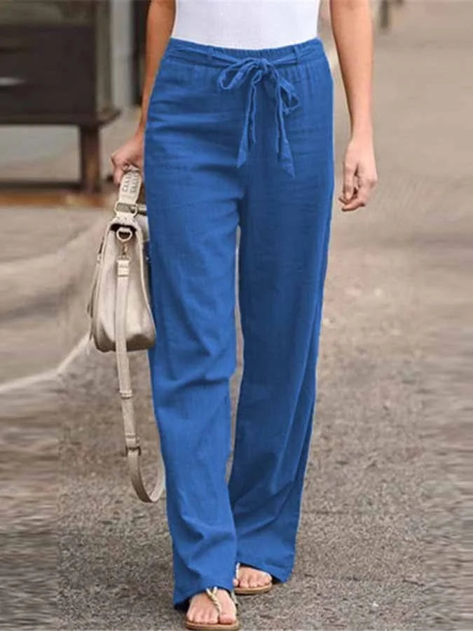 Damen-Hose mit hohem Bund, Bindeband an der Taille und weitem Bein