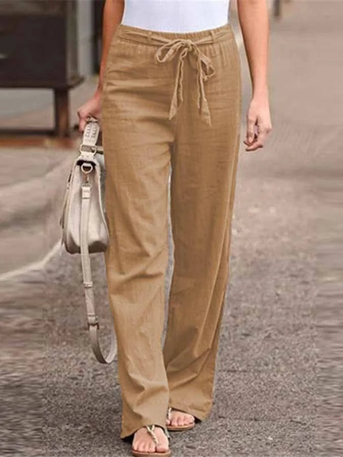 Damen-Hose mit hohem Bund, Bindeband an der Taille und weitem Bein