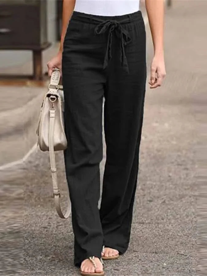 Damen-Hose mit hohem Bund, Bindeband an der Taille und weitem Bein