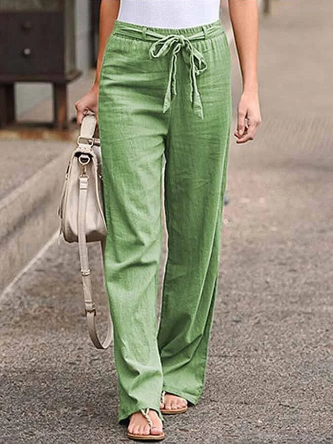 Damen-Hose mit hohem Bund, Bindeband an der Taille und weitem Bein