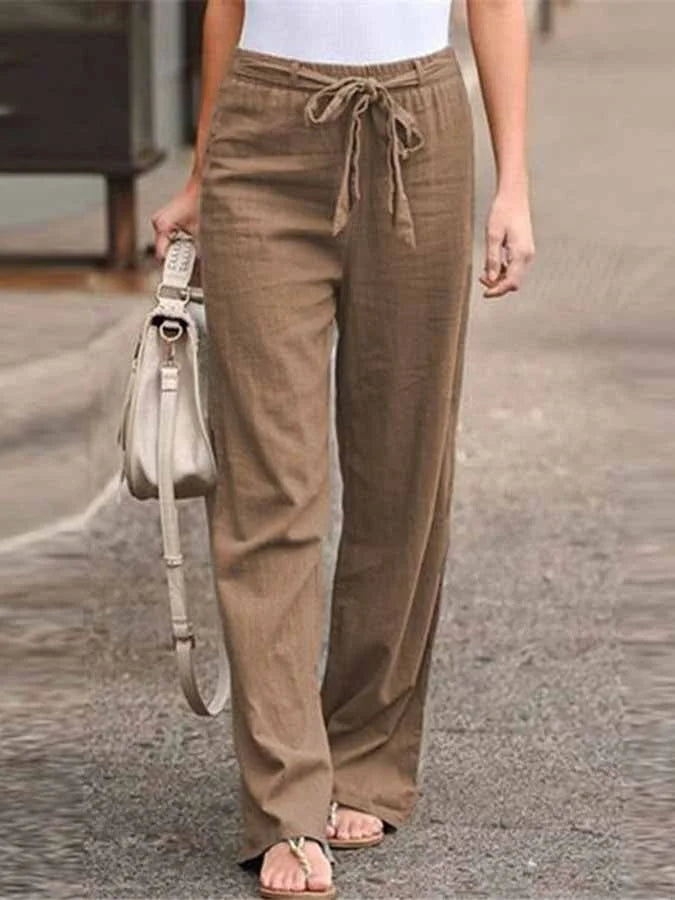 Damen-Hose mit hohem Bund, Bindeband an der Taille und weitem Bein