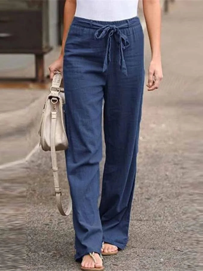 Damen-Hose mit hohem Bund, Bindeband an der Taille und weitem Bein