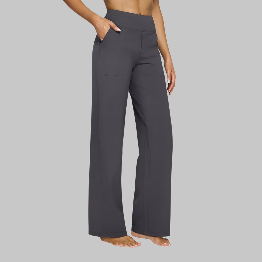 Damen-Hose mit weitem Bein, hoher Taille, elastischem Bund und Seitentaschen