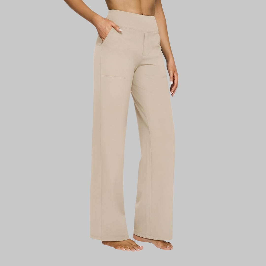 Damen-Hose mit weitem Bein, hoher Taille, elastischem Bund und Seitentaschen