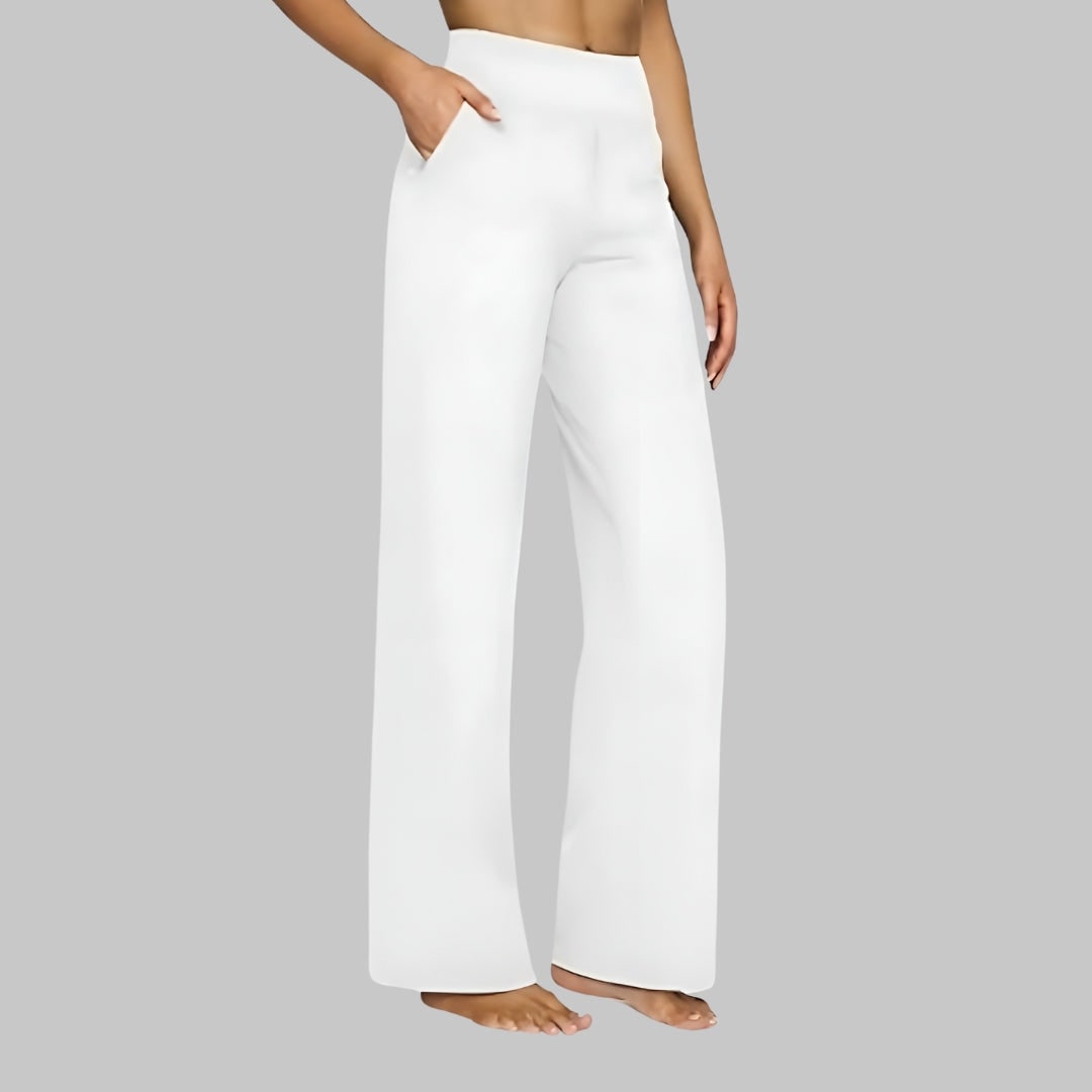 Damen-Hose mit weitem Bein, hoher Taille, elastischem Bund und Seitentaschen