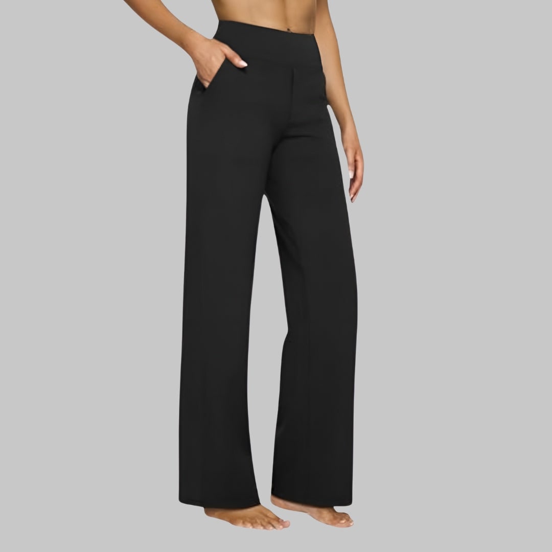 Damen-Hose mit weitem Bein, hoher Taille, elastischem Bund und Seitentaschen