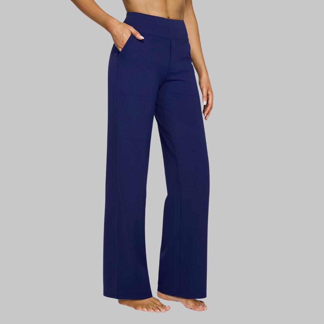 Damen-Hose mit weitem Bein, hoher Taille, elastischem Bund und Seitentaschen