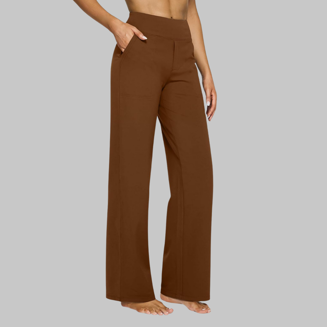 Damen-Hose mit weitem Bein, hoher Taille, elastischem Bund und Seitentaschen