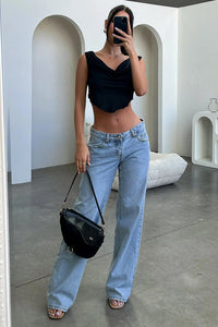 Damen-Jeans mit niedrigem Bund, heller Waschung und geradem Bein