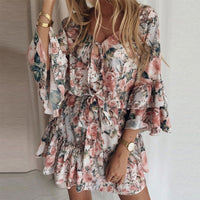 Damen-Minikleid im Boho-Stil - Ausgestellte Langärmel - Volants am Saum - Lockere Passform - Atmungsaktiver Mischstoff - Perfekt für den Herbst