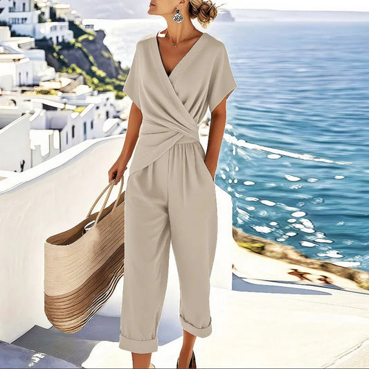 Damen-Jumpsuit mit V-Ausschnitt und Kurzarm – eleganter lässiger Sommerstil