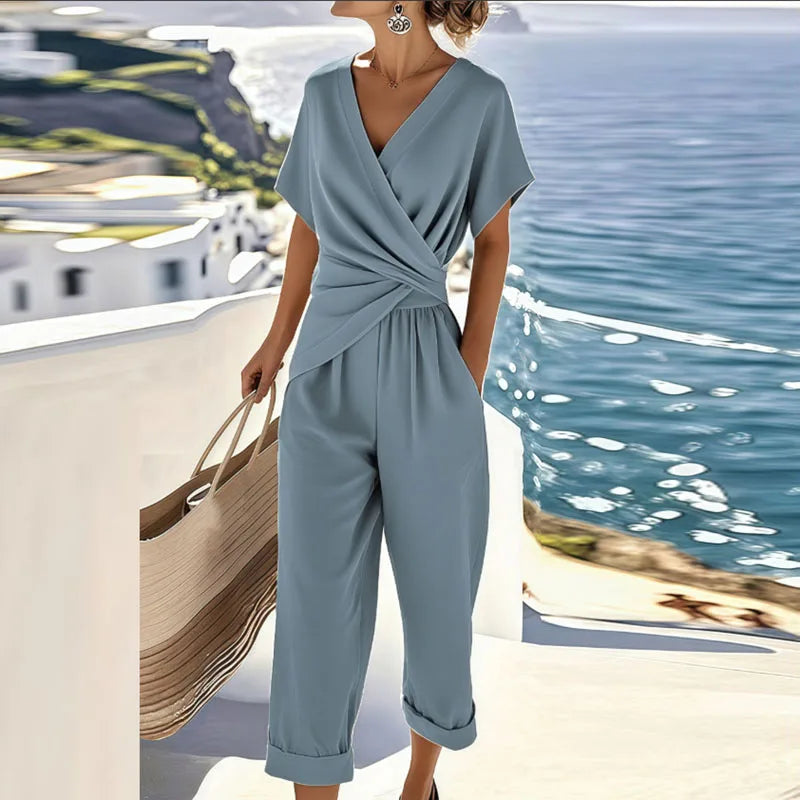 Damen-Jumpsuit mit V-Ausschnitt und Kurzarm – eleganter lässiger Sommerstil