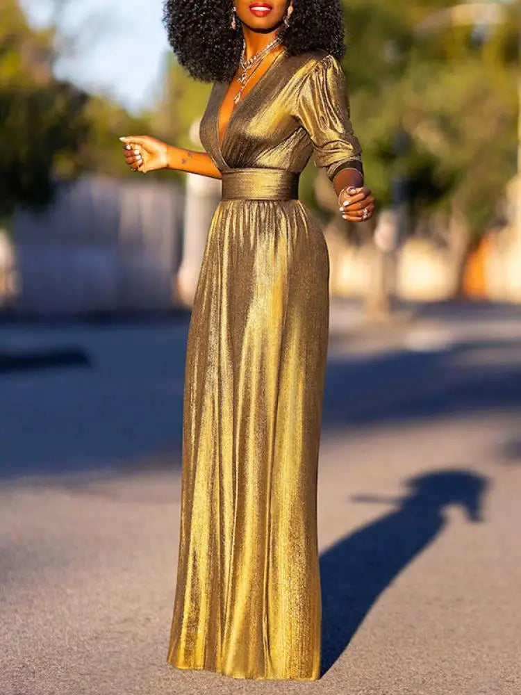 Damen-Jumpsuit mit V-Ausschnitt, weitem Bein und Metallic-Effekt