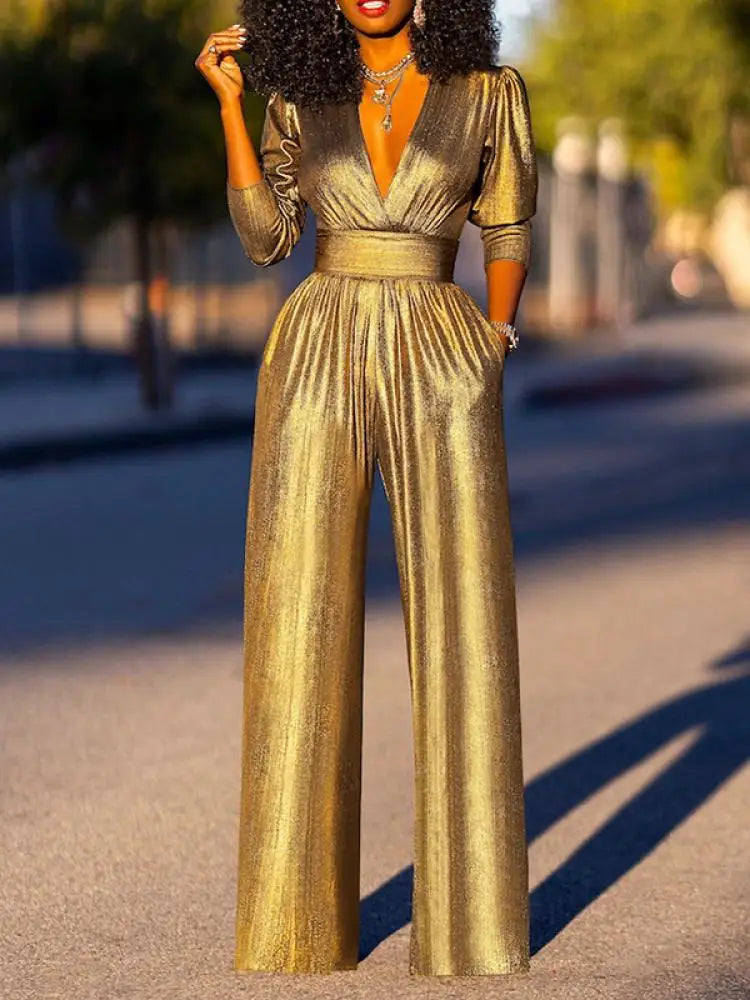 Damen-Jumpsuit mit V-Ausschnitt, weitem Bein und Metallic-Effekt