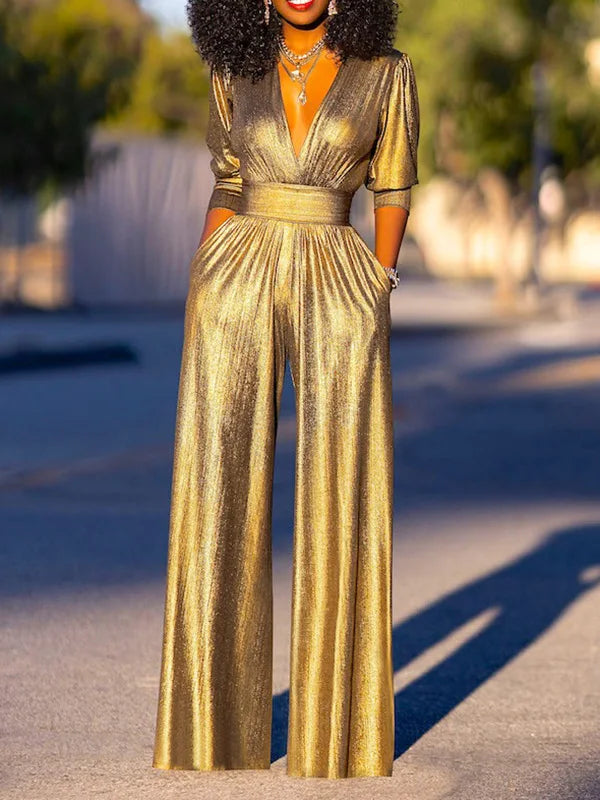 Damen-Jumpsuit mit V-Ausschnitt, weitem Bein und Metallic-Effekt