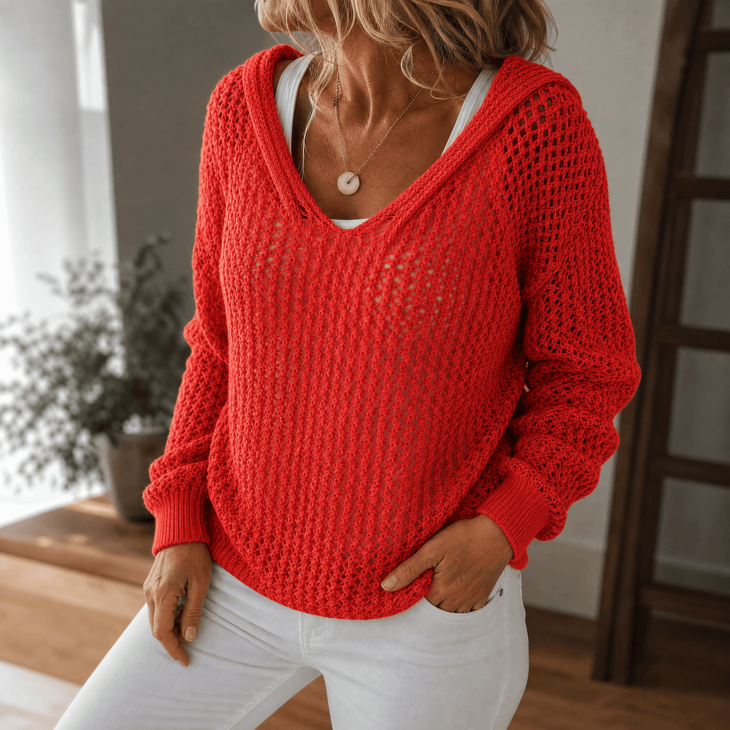 Damen-Kapuzenpullover aus Lochstrick
