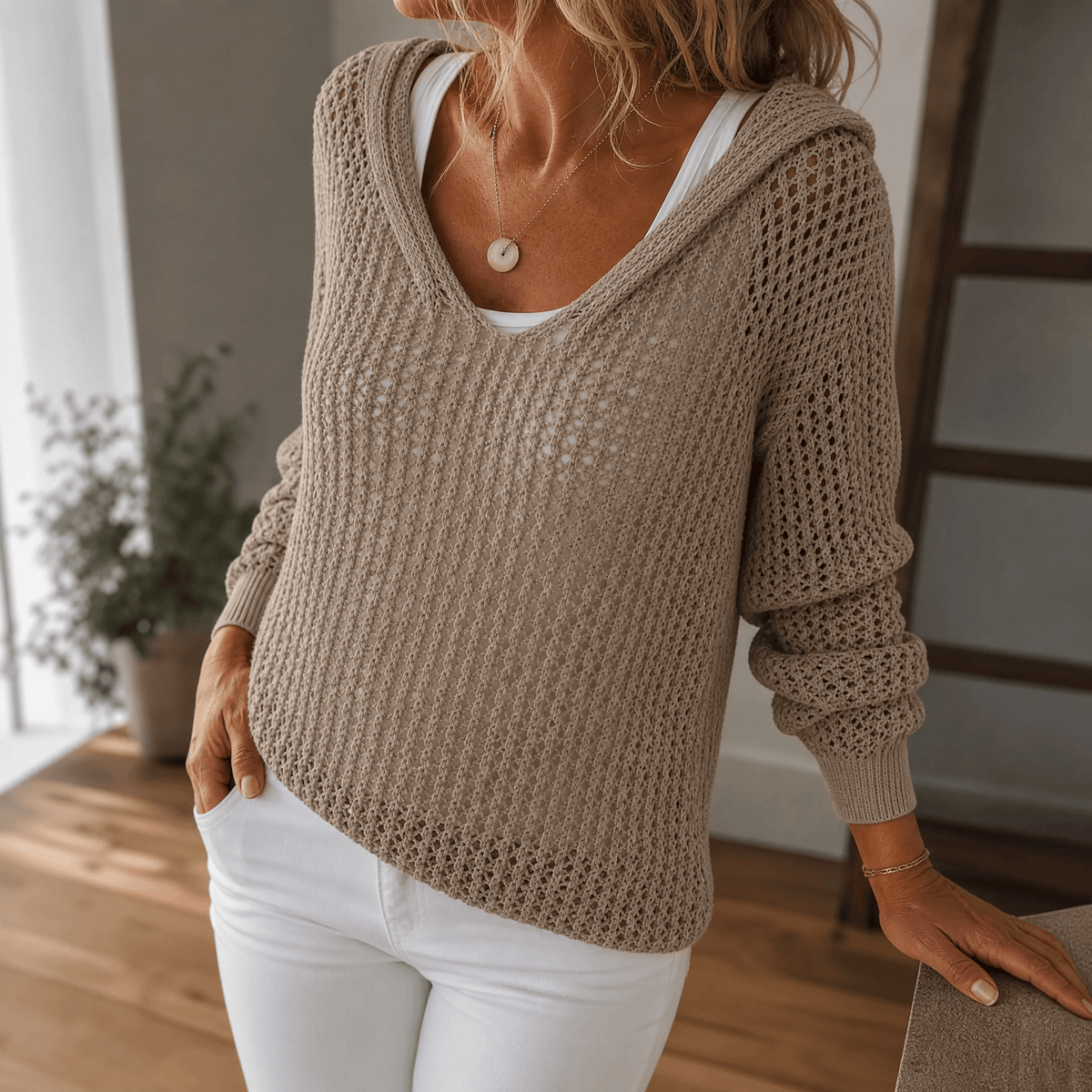 Damen-Kapuzenpullover aus Lochstrick