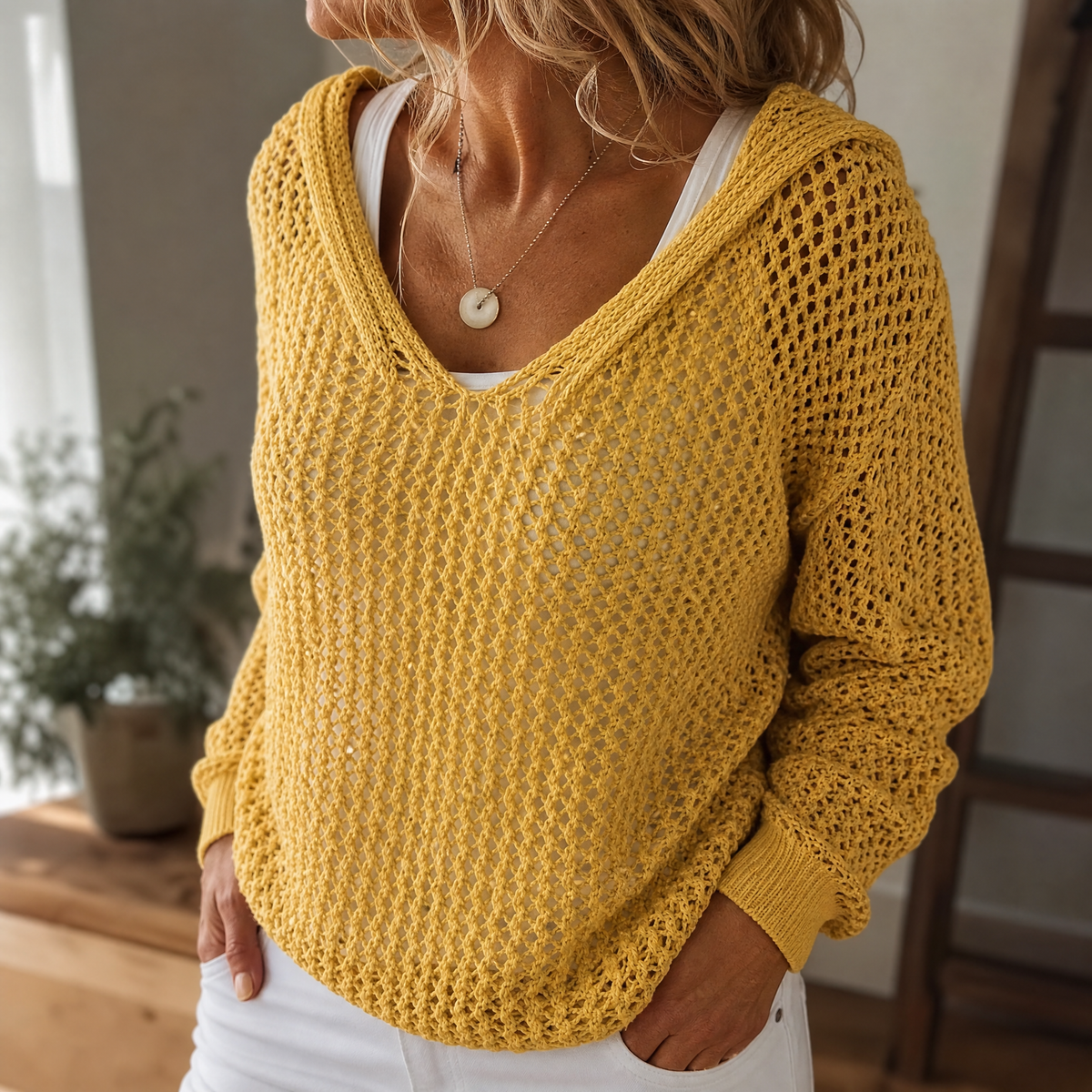 Damen-Kapuzenpullover aus Lochstrick