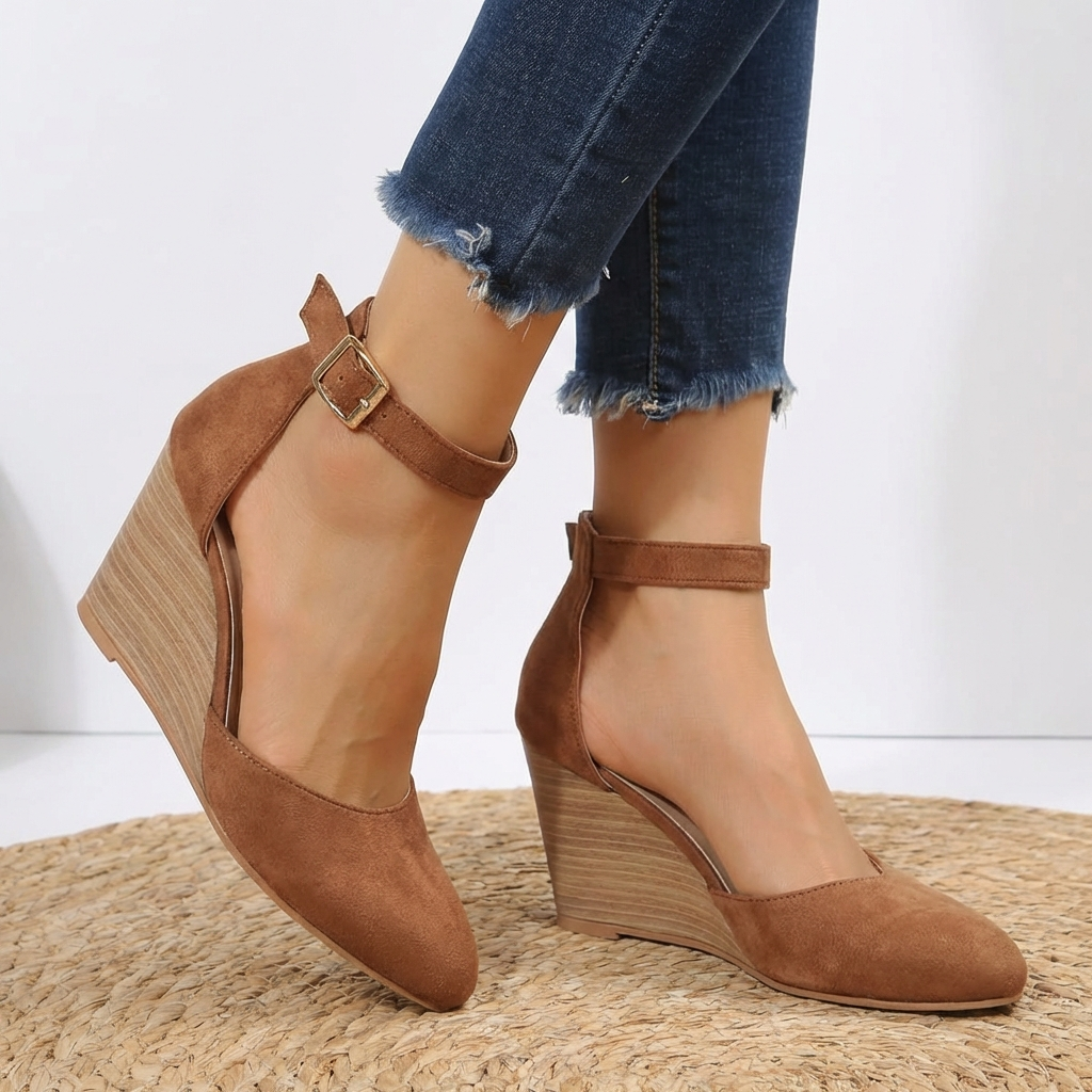 Damen-Keilabsatzschuhe mit spitzer Zehenkappe und Knöchelriemen – eleganter Komfort und raffinierte handwerkliche Verarbeitung