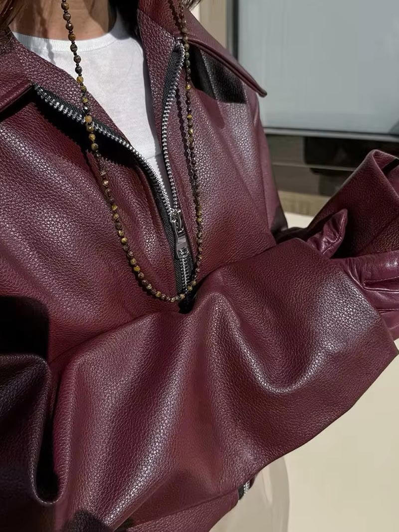 Damen-Kunstlederjacke in Weinrot