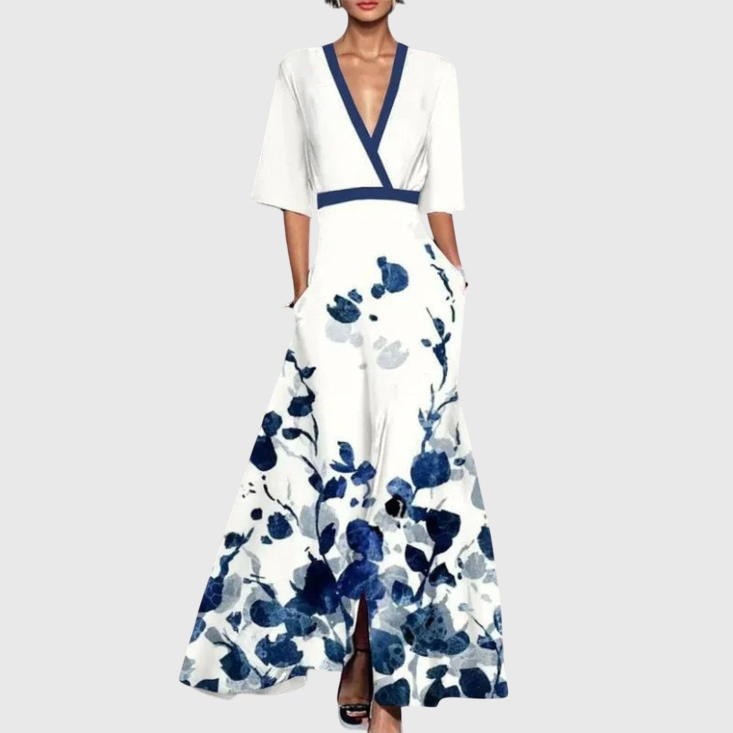 Damen-Maxikleid im Wickeldesign mit Blumenmuster und V-Ausschnitt