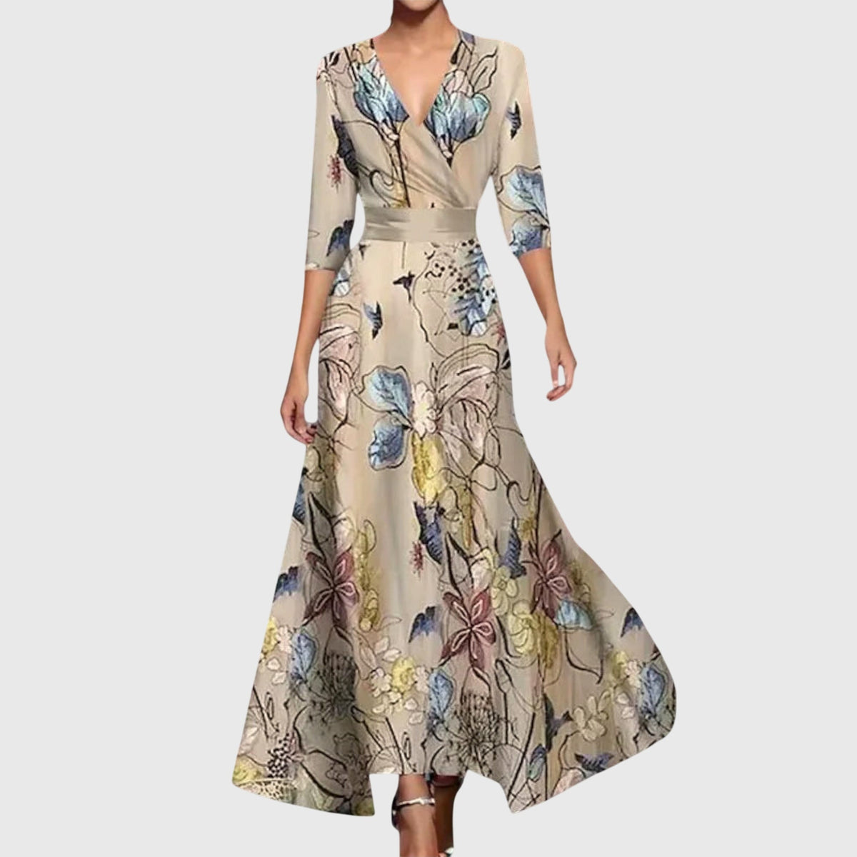 Damen-Maxikleid im Wickeldesign mit Blumenmuster und V-Ausschnitt