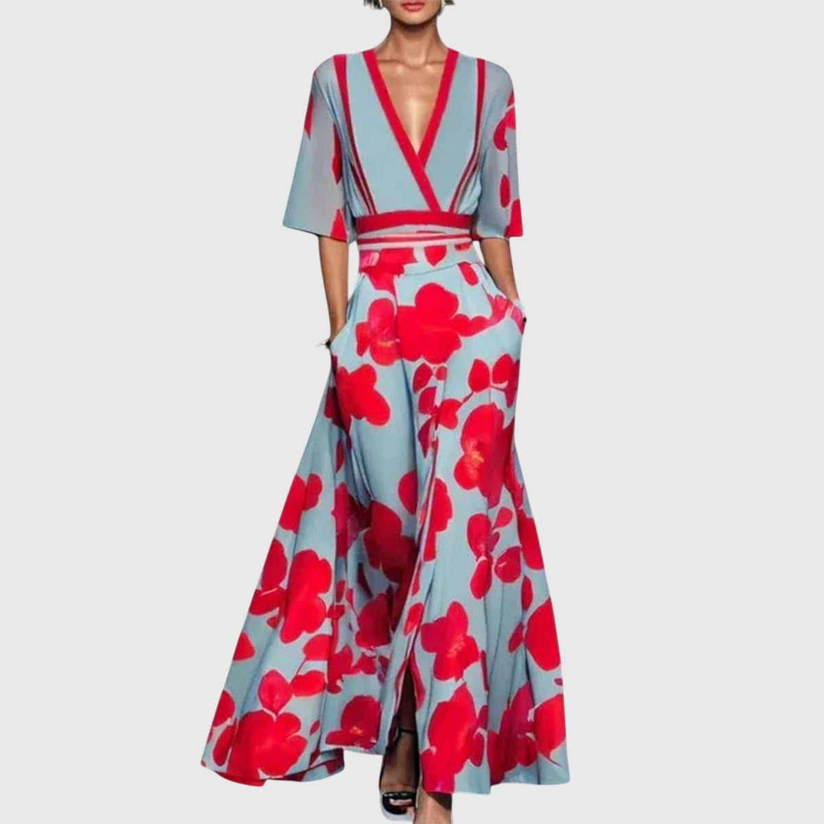 Damen-Maxikleid im Wickeldesign mit Blumenmuster und V-Ausschnitt