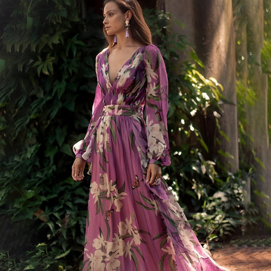 Damen-Maxikleid mit Blumenmuster und V-Ausschnitt