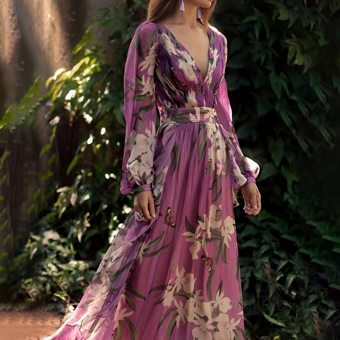 Damen-Maxikleid mit Blumenmuster und V-Ausschnitt