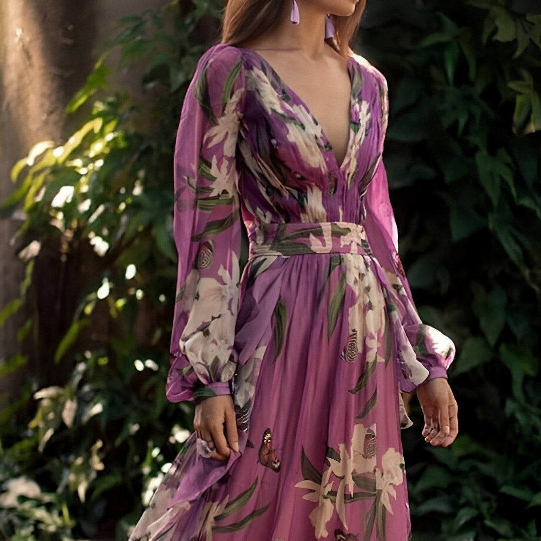 Damen-Maxikleid mit Blumenmuster und V-Ausschnitt