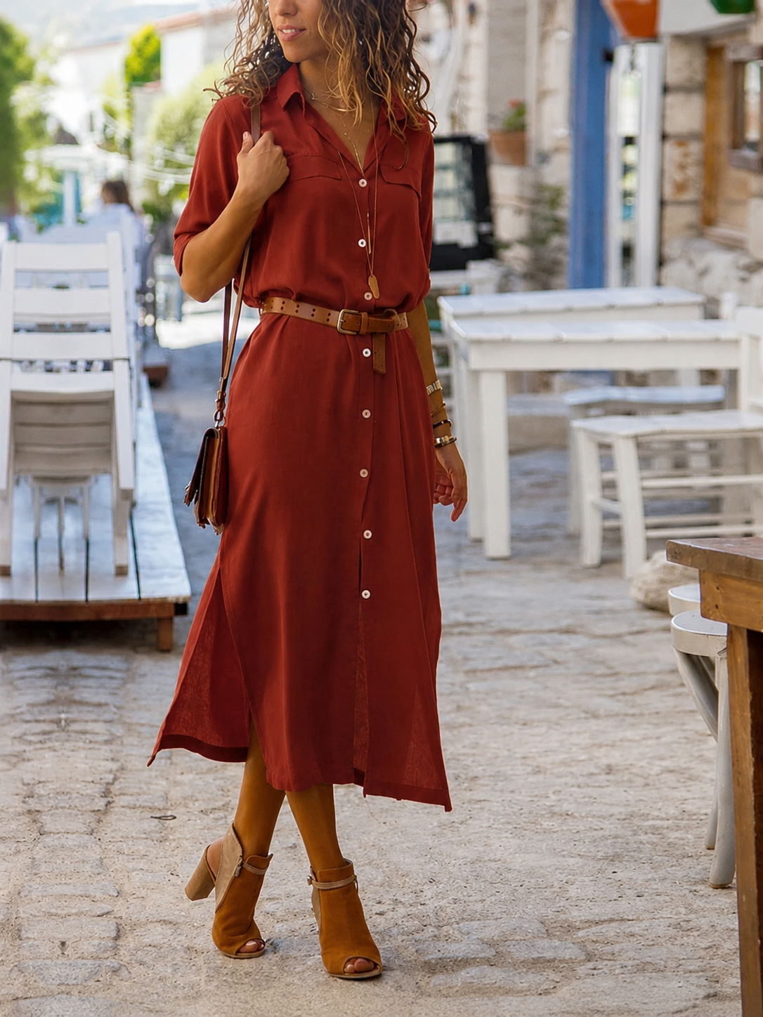 Damen-Midi-Blusenkleid mit Gürtel